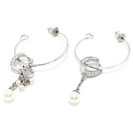 Dior-Silver Dior Rhinestones and Faux Pearl Drop Hoop Earrings-Silvery