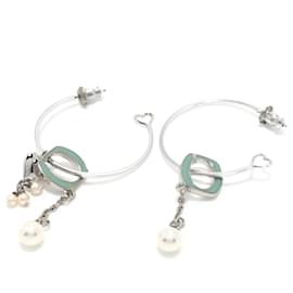 Dior-Silver Dior Rhinestones and Faux Pearl Drop Hoop Earrings-Silvery