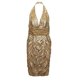 Elie Saab-Gold Elie Saab Silk Sequined & Beaded Halter Dress Size M-Golden