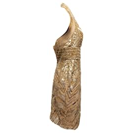 Elie Saab-Gold Elie Saab Silk Sequined & Beaded Halter Dress Size M-Golden
