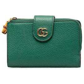 Gucci-Carteira G Bamboo verde Gucci média forrada em couro-Verde