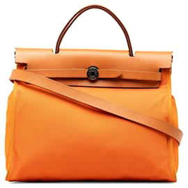 Hermès-Cartera naranja Hermès Toile Herbag con cremallera 31-Naranja