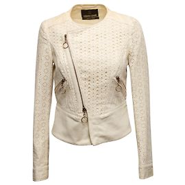 Cremefarbene Motorradjacke mit Ösen von Roberto Cavalli, Größe IT 40 Roh