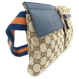 Gucci-Riñonera Gucci con bolsillo de lona marrón con GG y forro tribanda-Castaño,Otro,Azul marino