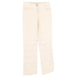 Dolce & Gabbana-Dolce & Gabbana Pantalones con aberturas de encaje y flores en lino blanco-Blanco,Crudo