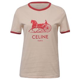 Céline T-shirt a maniche corte con logo Celine in cotone crema e rosso Bianco Crudo