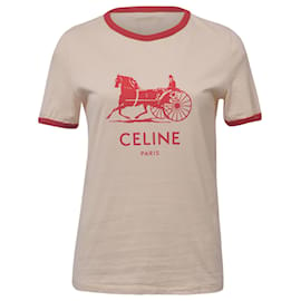 Céline-Camiseta de manga corta con logo Celine en algodón color crema y rojo-Blanco,Crudo