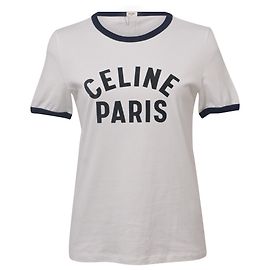 Céline Camiseta de manga corta con logo Celine de algodón blanco Blanco