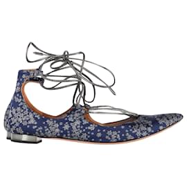 Aquazzura-Aquazzura Christy Ballet Flats in Floral Navy Blue Leather-Blue,Navy blue