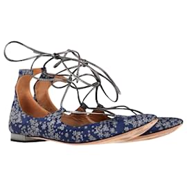 Aquazzura-Aquazzura Christy Ballet Flats in Floral Navy Blue Leather-Blue,Navy blue