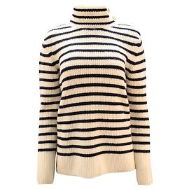 Tory Burch Pull à Col Roulé Rayé en Laine Blanche Blanc