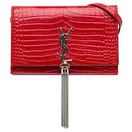 Saint Laurent-Red Saint Laurent Small Embossed Kate Tassel Wallet on Chain Crossbody Bag-Red