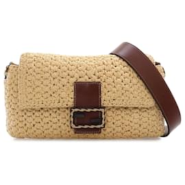 Fendi-Braune Fendi-Umhängetasche aus gehäkeltem Bast-Baguette-Beige