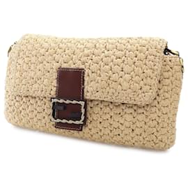 Fendi-Bolsa Fendi Crochê Ráfia Baguette Marrom Marrom-Bege