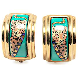 Hermès-Pendientes de clip con esmalte cloisonné de leopardo Hermès dorados-Dorado