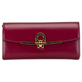 Salvatore Ferragamo-Carteira Longa de Couro Ferragamo Gancini Vermelha-Vermelho