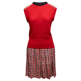 Louis Vuitton-Red & Multicolor Louis Vuitton Wool & Silk Sleeveless Dress Size US M-Red