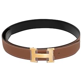 Hermès-Cintura con fibbia reversibile con logo Hermes marrone e nero-Marrone