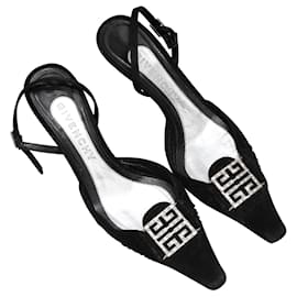 Givenchy-Black Givenchy Velvet Crystal-Embellished Pointed-Toe Slingback Heels Size 37-Black