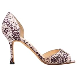 Manolo Blahnik-Brown & Multicolor Manolo Blahnik Snakeskin Print Embellished Peep-Toe Heels Size 36.5-Brown