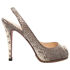 Christian Louboutin-Cinza e Creme Christian Louboutin Python Peep-Toe Slingbacks Tamanho 37,5-Cinza