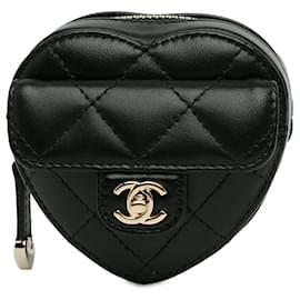 Chanel-Monedero negro Chanel de piel de cordero CC In Love Heart con cremallera en el brazo-Negro