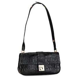 Salvatore Ferragamo-Black Ferragamo Gancini Embossed Leather Shoulder Bag-Black