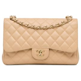 Chanel-Bolsa de ombro Chanel Jumbo Classic Caviar marrom com aba-Bege