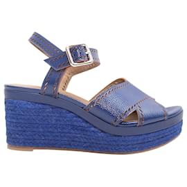 Hermès-Blue Hermes Leather Espadrille Wedge Sandals Size 39-Blue
