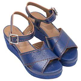 Hermès-Blue Hermes Leather Espadrille Wedge Sandals Size 39-Blue