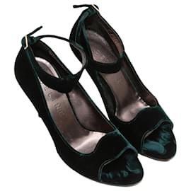 Céline-Dark Green Celine Velvet Ankle Strap Heels Size 39-Green