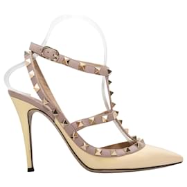 Valentino-Light Yellow & Beige Valentino Pointed-Toe Rockstud Cage Heels Size 37.5-Yellow