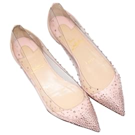 Christian Louboutin-Light Pink & Clear Christian Louboutin Pointed-Toe Crystal-Embellished Ballet Flats Size 36-Pink