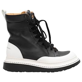 Loewe-White & Black Loewe Color Block Leather Combat Boots Size 37-White