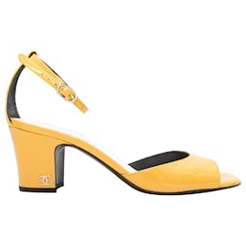 Chanel-Yellow Chanel Patent Leather Ankle Strap Heeled Sandals Size 39-Yellow