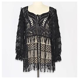 Alberta Ferretti-Alberta Ferretti Black Lace Fringe Embroidered Longsleeve Blouse-Black