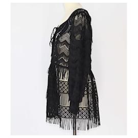 Alberta Ferretti-Alberta Ferretti Black Lace Fringe Embroidered Longsleeve Blouse-Black