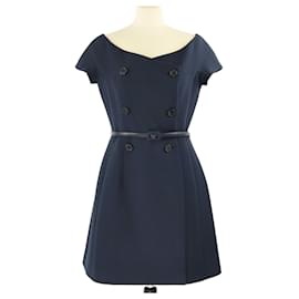 Christian Dior-Christian Dior Navy Blue Belted Mid Length Dress-Blue