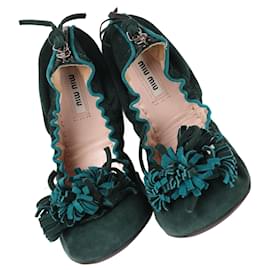 Miu Miu-Miu Miu Ballerines à franges en daim vert foncé avec nœud Scrunch 5F8189 F005-Vert