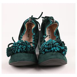 Miu Miu-Miu Miu Dark Green Suede Fringe Bow Scrunch Ballet Flats 5F8189 F005-Green