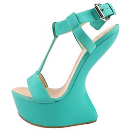 Giuseppe Zanotti-Giuseppe Zanotti Turquoise Blue Suede T Strap Platform Heel Less Wedge Sandals Size 37-Blue