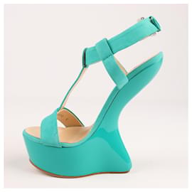 Giuseppe Zanotti-Giuseppe Zanotti Turquoise Blue Suede T Strap Platform Heel Less Wedge Sandals Size 37-Blue