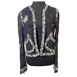 Chanel-Chanel 04P Camellia Crochet Jacket Black and White Tweed Trim FR 38-Black,White,Multiple colors