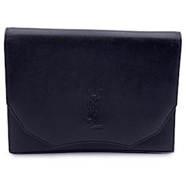 Yves Saint Laurent-Vintage Black Leather YSL Logo Clutch Bag-Black