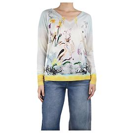 Etro Suéter multicolor com estampa de pássaros e decote em V - tamanho UK 12 Multicor