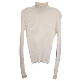 Victoria Beckham – Rollkragenpullover mit langen Ärmeln und Rippenmuster aus weißer Wolle Weiß Roh