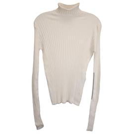 Victoria Beckham-Victoria Beckham Turtleneck Long-Sleeve Ribbed-Knit Sweater in White Wool-White,Cream