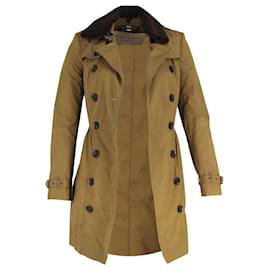 Burberry-Burberry Brit Long Shearling Collar Trench Coat in Olive Cotton-Brown,Red