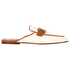 Tod's-Tod's Mules ornées de chaînes en toile beige et cuir marron-Beige