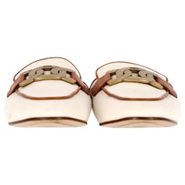 Tod's-Tod's Chain Embellished Mules in Beige Canvas and Brown Leather-Beige